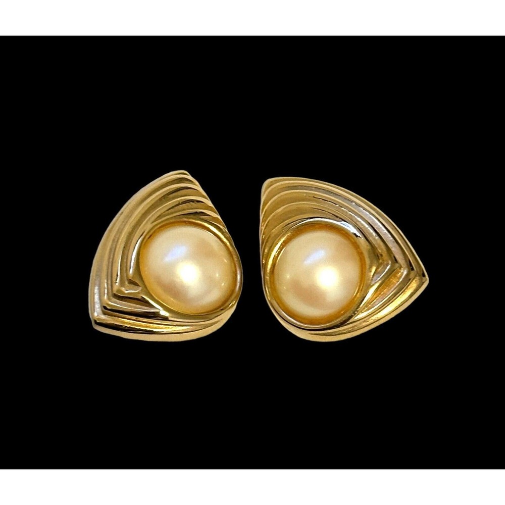 Vintage GIVENCHY Faux Pearl Gold Tone Runway Clip on Earrings